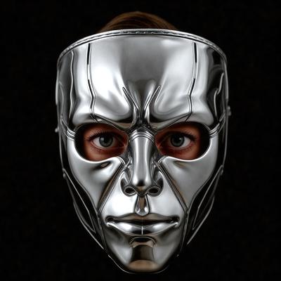 The primary subject of the image is a close-up of a silver mask covering a person's face. The mask is made of metal, giving it a shiny and reflective appearance. The setting is a dark background, which contrasts with the silver mask and highlights its reflective properties. The visual style is a close-up, focusing on the intricate details of the mask. The colors and mood of the image are predominantly dark, with the silver mask being the main focal point and source of light.